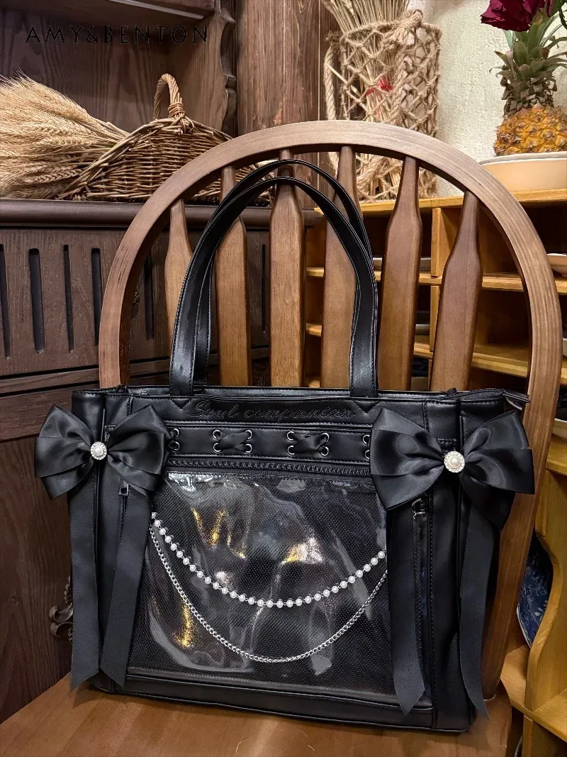 sac messager en cuir pu série sc mine, sac fourre-tout avec nœud en strass, ruban et pendentif perle, grande capacité, itabag bidimensionnel pour femme