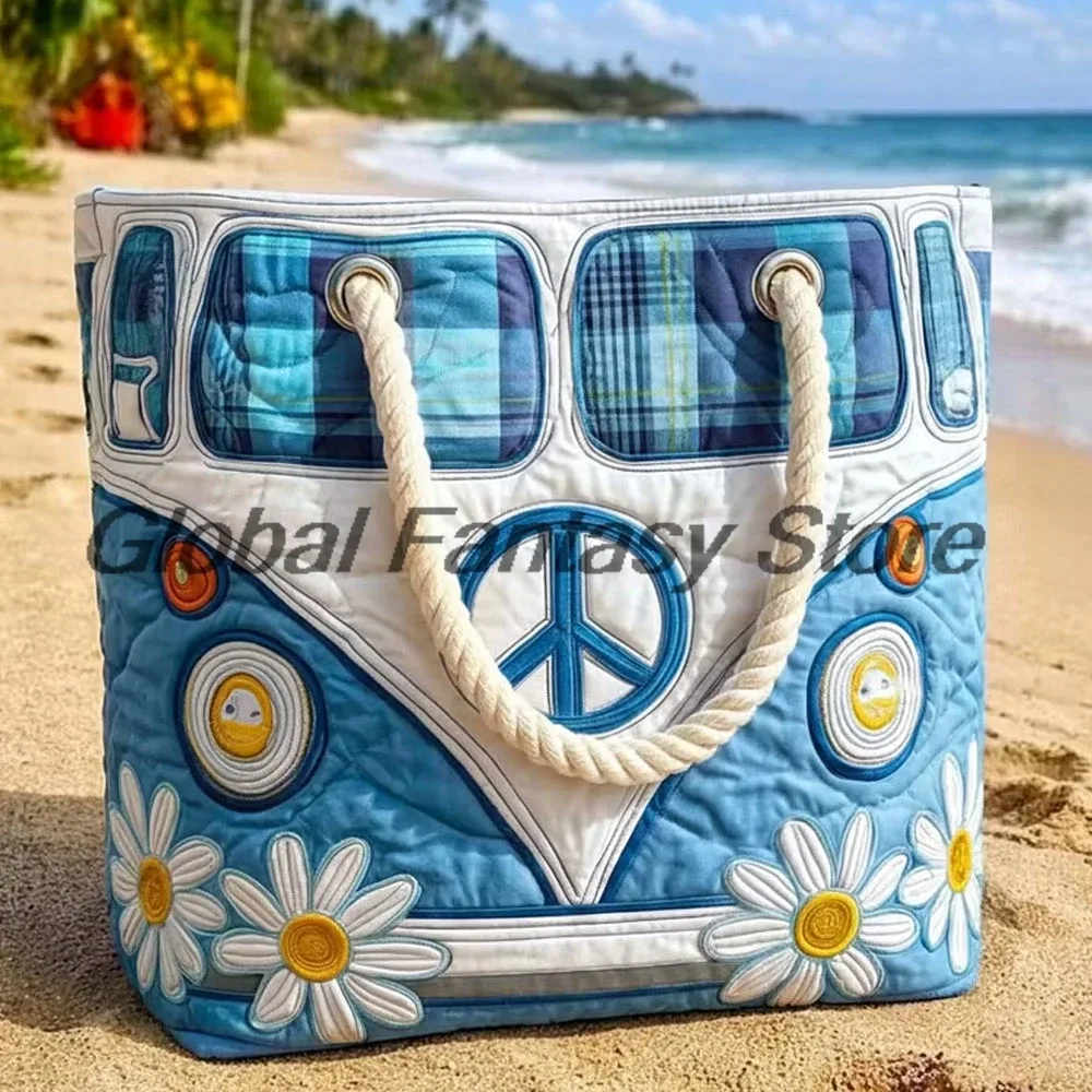 sac de plage matelassé style hippie vintage, sac à bandoulière bohème avec imprimé floral et signe de la paix, sac à main quotidien pour hommes et femmes, sac de shopping