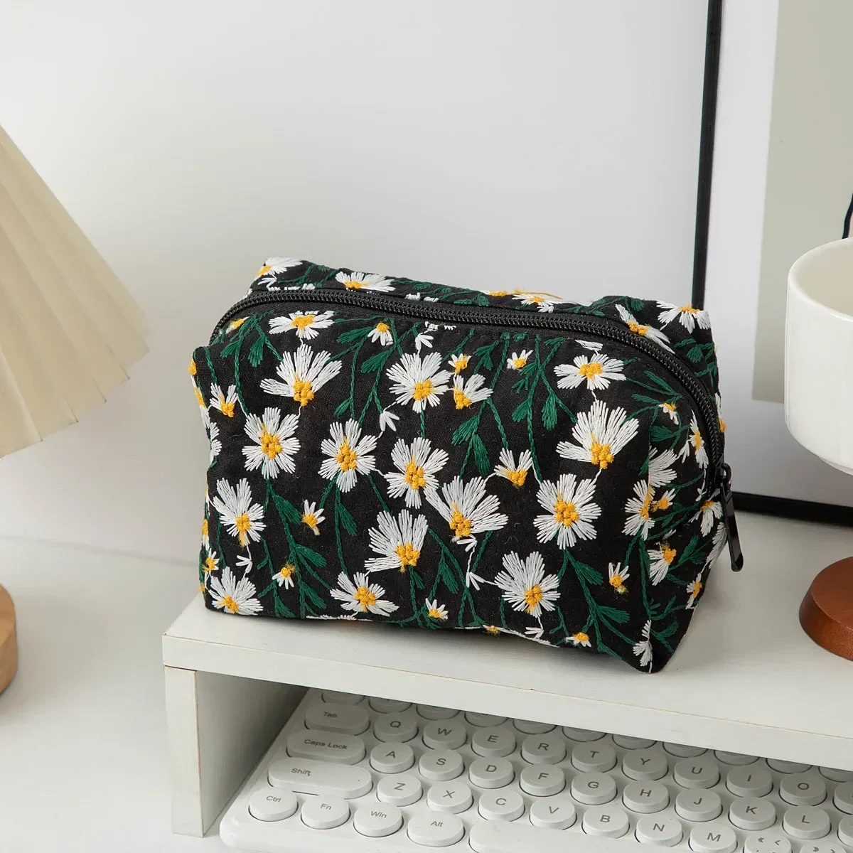 sac à cosmétiques brodé de fleurs, organisateur de maquillage en toile à fermeture éclair, pochette de rangement de voyage, trousse de beauté pour femmes