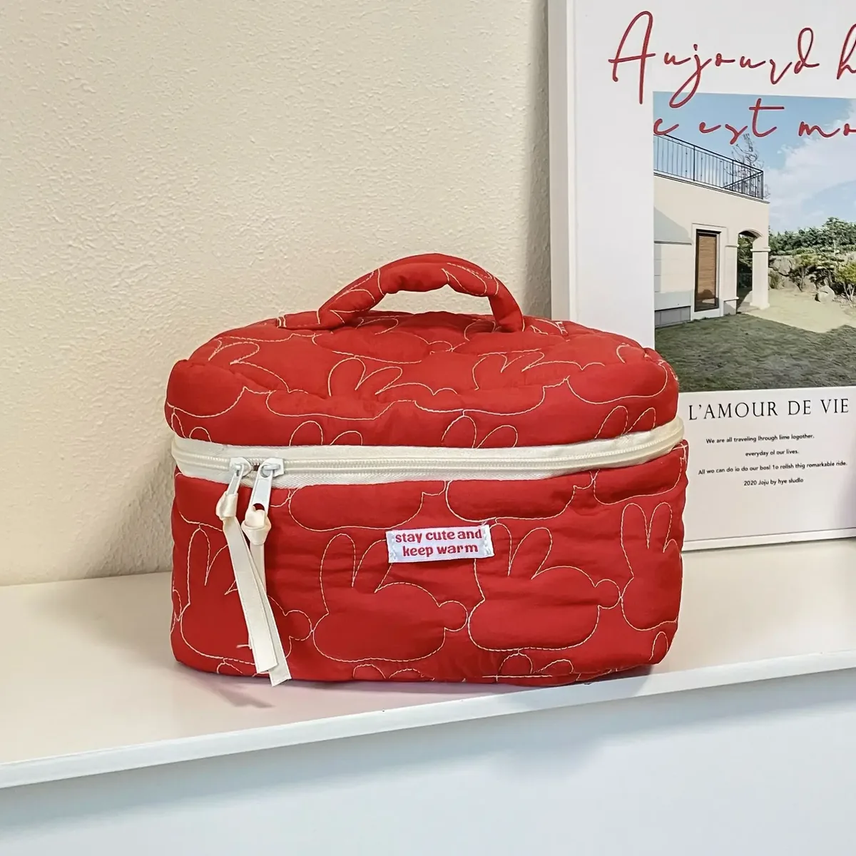 ins – sacs de maquillage à fermeture éclair de grande capacité, étuis à cosmétiques en coton matelassé lapin, pochette de rangement de voyage mignonne, organisateur pour femmes, sac à main