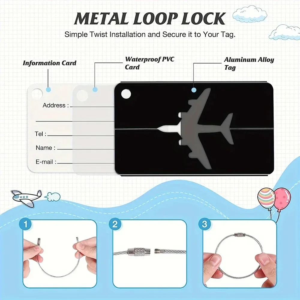 étiquette bagage métallique noire blanc avion voyage identification anti-perte accessoires pliable pièces unies motif solidité usage
