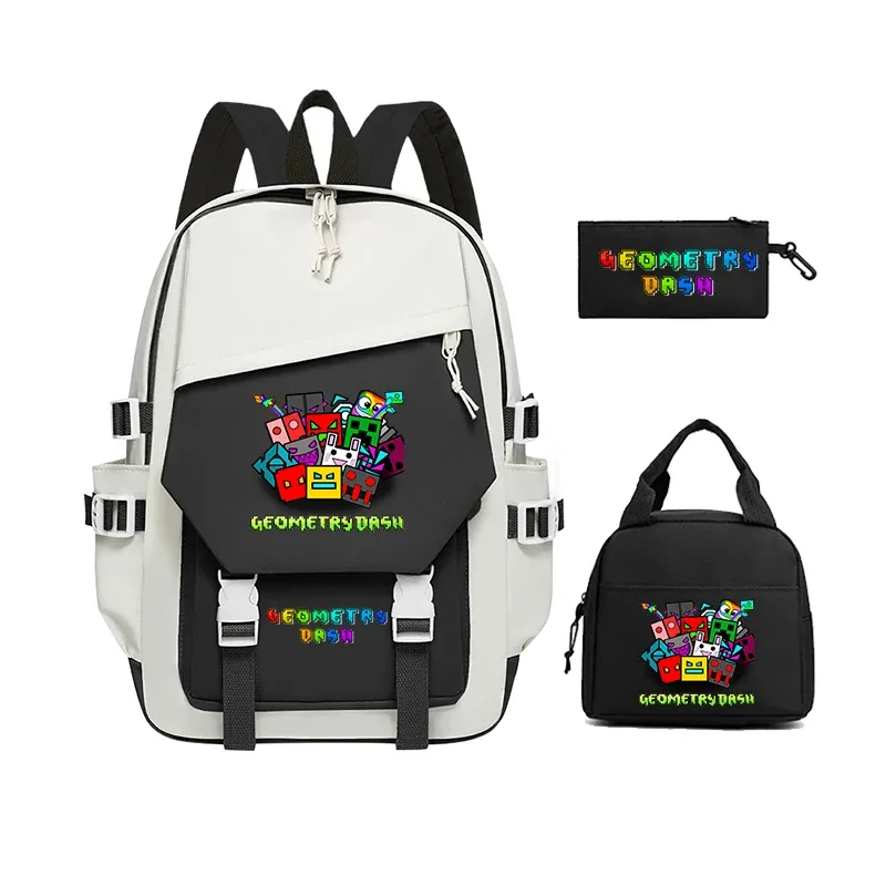 nouveaux sacs à dos geometry dash, ensembles de 3 pièces, sacs d'école pour filles et garçons, sac à dos à fermeture éclair avec dessin animé amusant, sac à dos pour ordinateur portable pour adolescents
