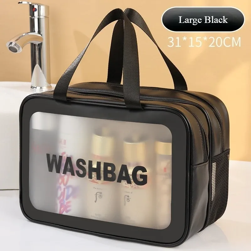 sac de toilette transparent grande capacité à double compartiment sec/humide, en pu givré, portable pour voyage, sac de rangement de bain gf32
