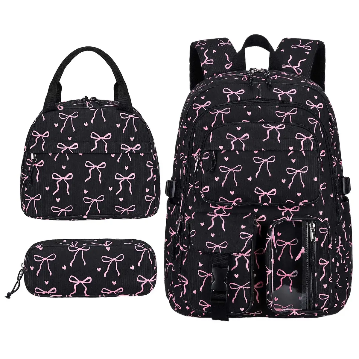 sac à dos en velours côtelé avec nœud mignon pour femme, sac à dos multi-poches avec sac à lunch et trousse à crayons, grande capacité, sac à dos de voyage décontracté