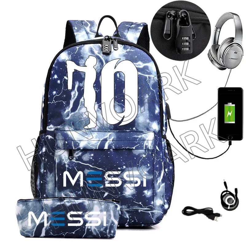 messi-sac à dos étanche avec chargeur usb, sac à dos de voyage décontracté, grande capacité, sacs d'école pour ordinateur portable, hommes et femmes
