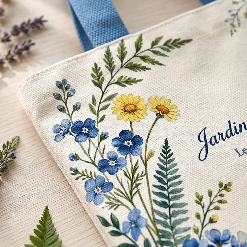 sac fourre-tout en toile à motif floral de jardin printanier français, sac à main botanique à fleurs sauvages, sac à main portable pour le shopping quotidien et le travail pour femmes