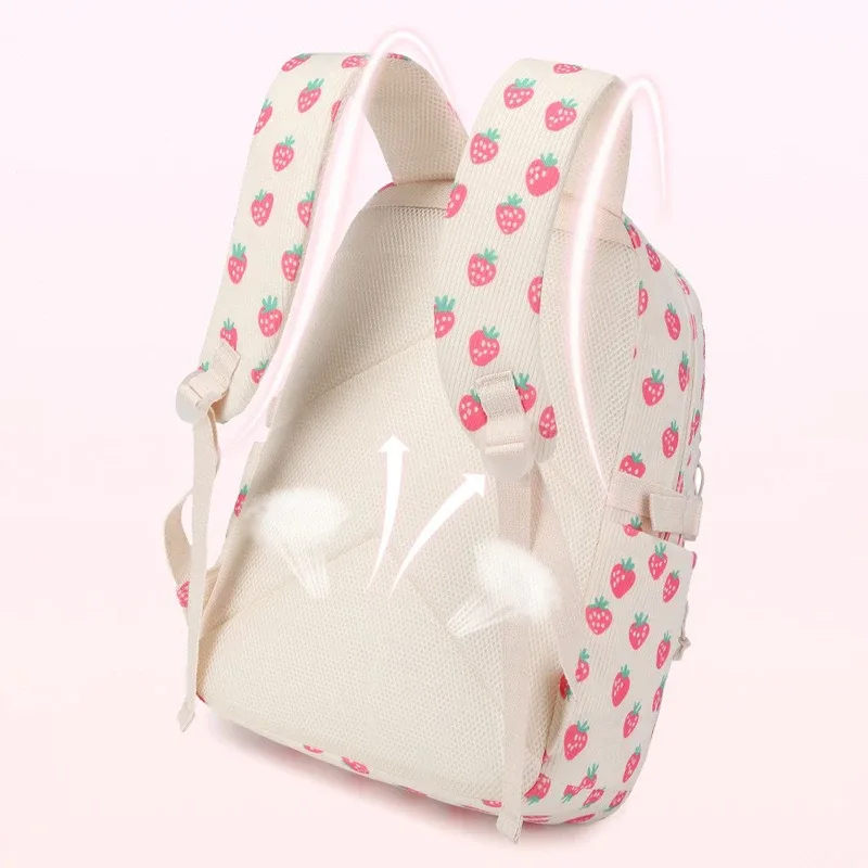 sac à dos scolaire en velours côtelé 3 pièces/ensemble avec sac à déjeuner et trousse à crayons, sac à dos mignon pour filles, sac à dos à motif fraise pour adolescentes et femmes