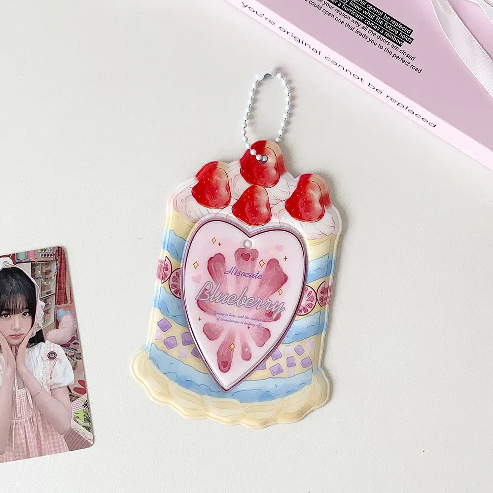 porte-cartes kpop 3 pouces, motif gâteau fraise mignon, protège-cartes cœur, pendentif sac portable, décor sac à dos, porte-clés, étui pour cartes