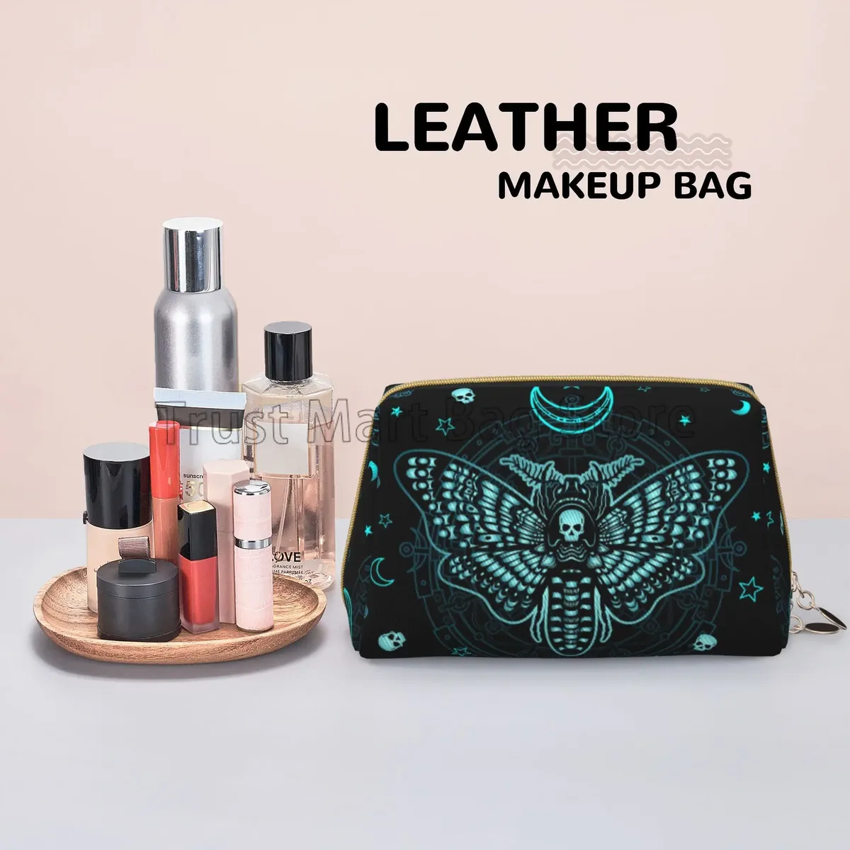 sac à cosmétiques de voyage en cuir avec tête de mites mystiques, noir, grande capacité, étanche, trousse de toilette, poudres de maquillage