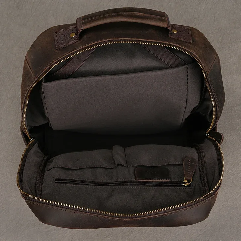 sac dos cuir vache marron vintage robuste bandoulière amovible poches zippees polyester 20 35 litres voyage école affaires