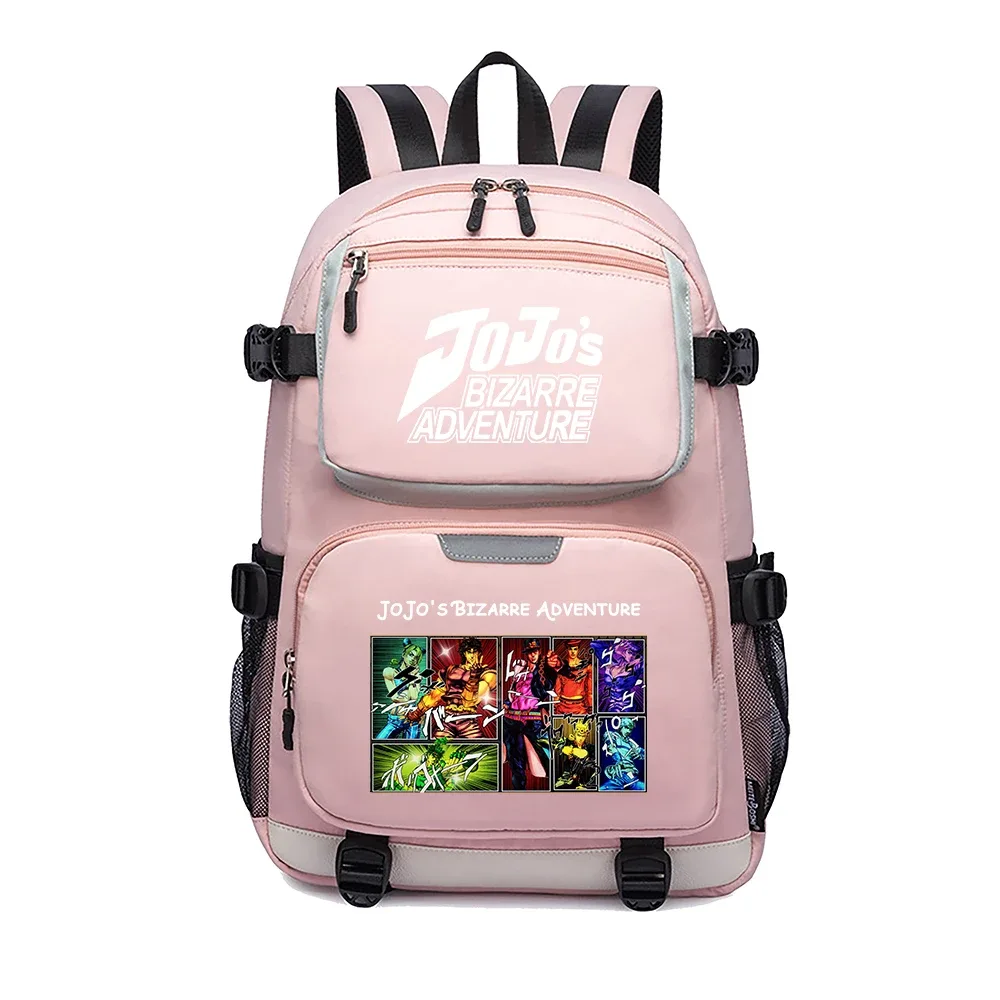 jojo's bizarre adventure – sac à dos de voyage dessin animé, grands sacs d'école imperméables pour femmes, sac à dos rose avec port usb pour ordinateur portable