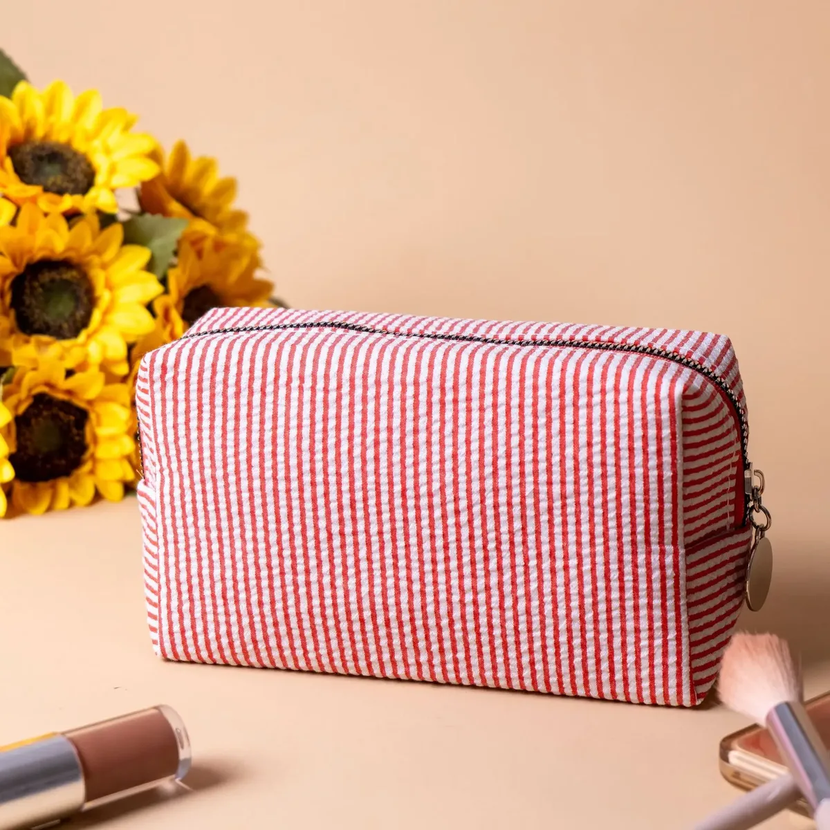grande trousse de maquillage pour femmes en soie bulle à rayures roses, sac de rangement pour articles de toilette, sac diy pour collations et serviettes hygiéniques