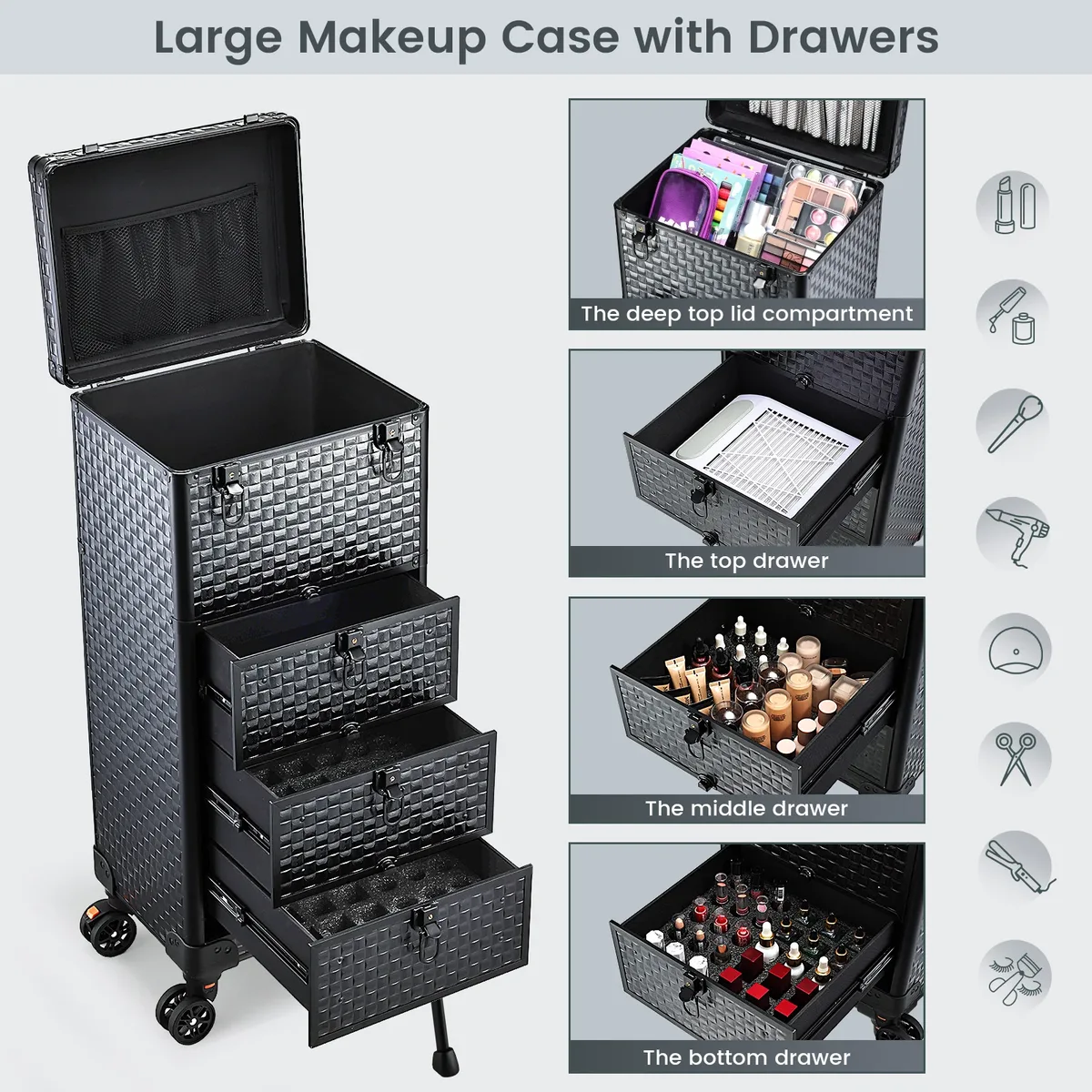 trolley de maquillage professionnel à roulettes avec 3 grands tiroirs, valise de cosmétologie, station de salon, chariot de rangement pour outils de coiffure et de maquillage, table de manucure roulante pour coiffeur et maquilleur