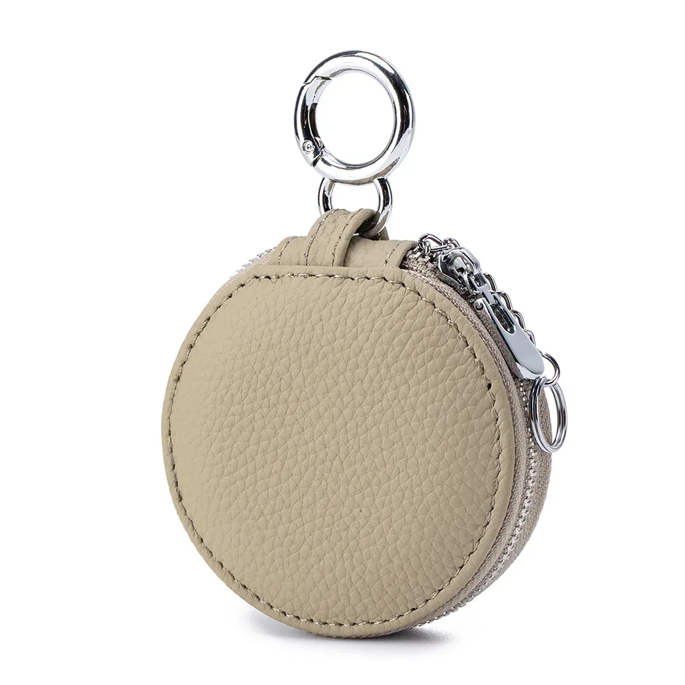 sac de rangement rond en cuir véritable pour femmes, sac rond pour rouge à lèvres souple, sac pour écouteurs avec miroir, sac porte-clés pendentif de grande capacité