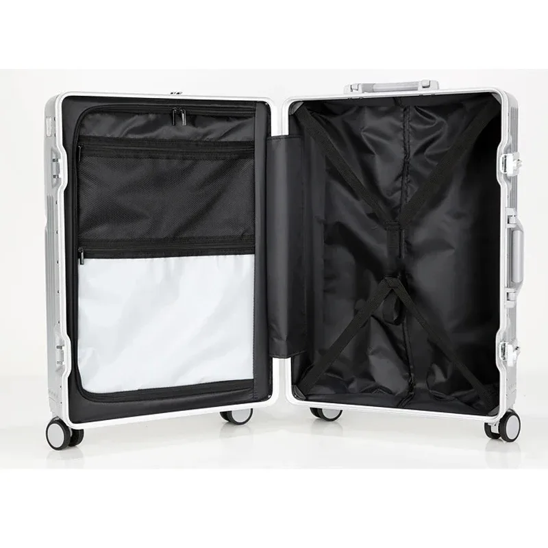 valise à cadre en aluminium, bagage de cabine à ouverture avant avec porte-gobelet usb, boîtier de chariot pour femme, valise de voyage avec roue de frein pour homme