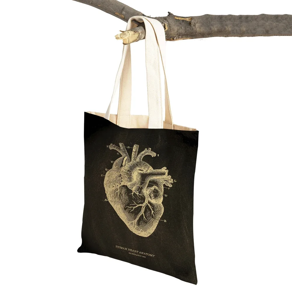 vintage squelette anatomique tableau crâne shopper sac fourre-tout dame sac à main décontracté toile coeur double impression femmes sacs à provisions