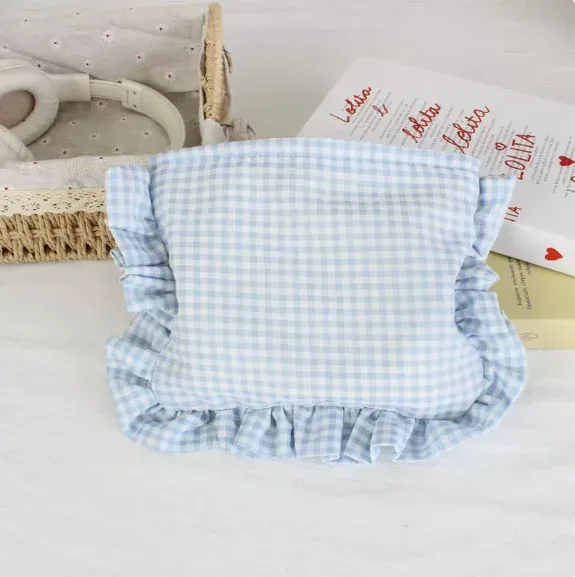 pochette à maquillage personnalisée en seersucker à volants, trousse de toilette en chenille avec nom, sac de voyage pour cosmétiques, cadeau pour elle, trousse de maquillage du matin pour la mariée