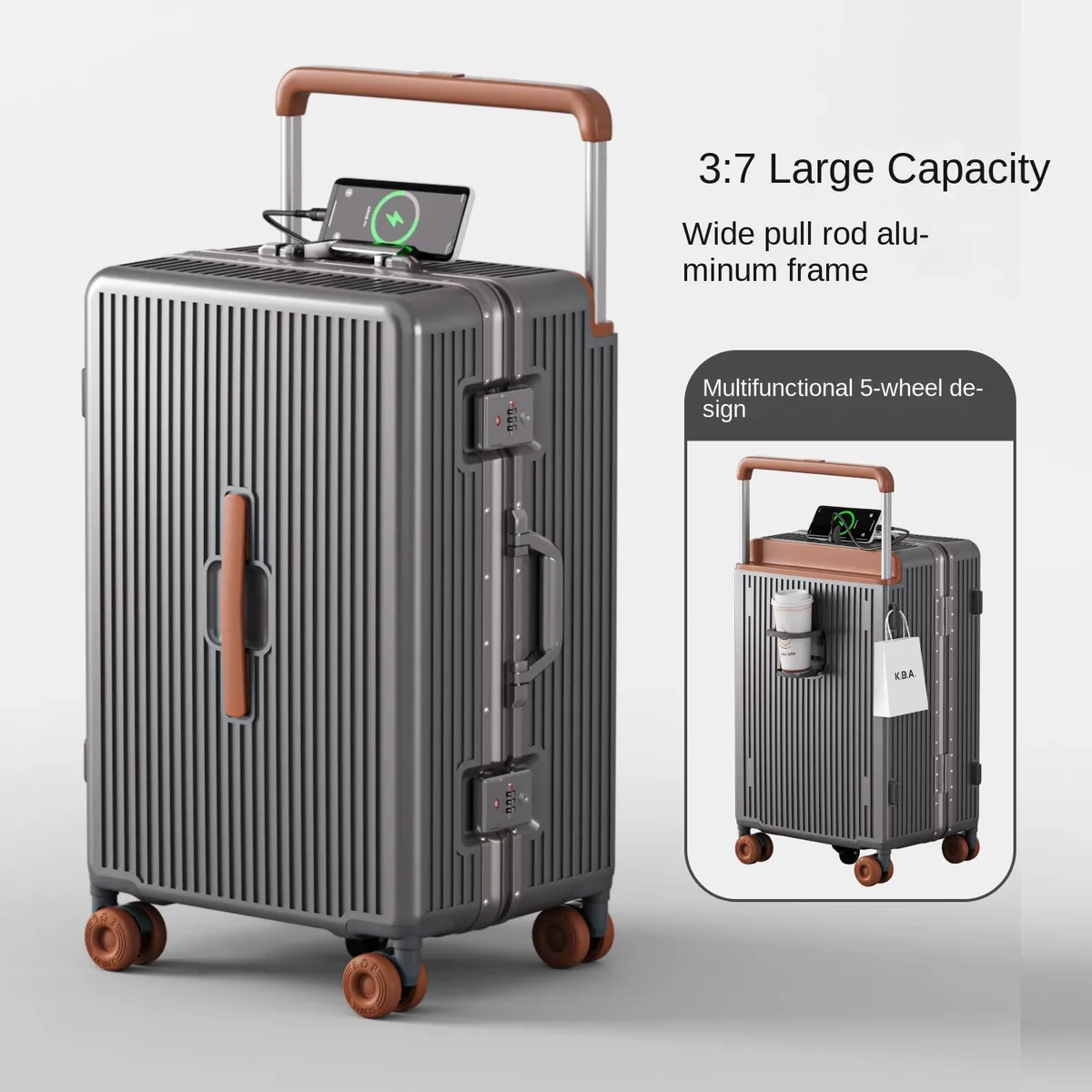 valise ko-ku new 3:7 en aluminium, cadre en aluminium, 20 pouces (bagage cabine) et 28 pouces (grande capacité), avec serrure à code et porte-gobelet.