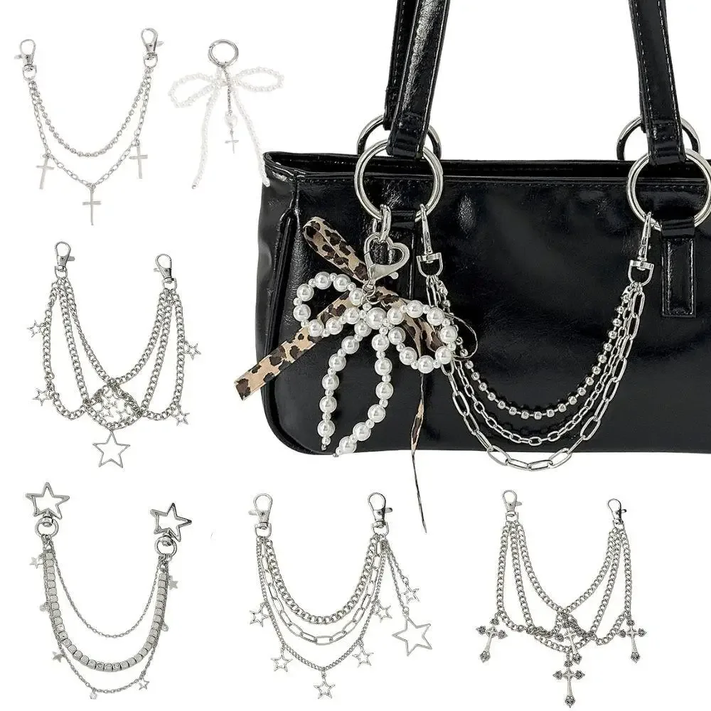 chaîne de sac en métal multicouche y2k, pendentif étoile, chaîne de sac à bandoulière punk rétro pour sac à main, accessoires de sac à nœud papillon en perles