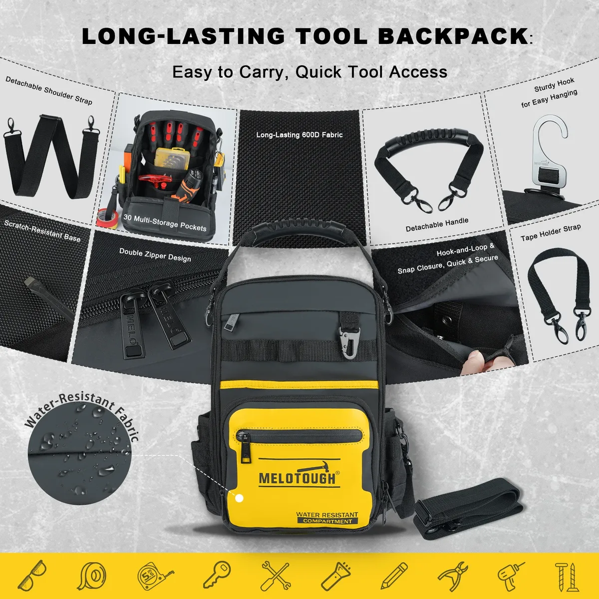 sac à dos pour outils melotough pour hommes, 30 poches multi-rangements, sac à dos pour outils robuste avec bretelles double forme