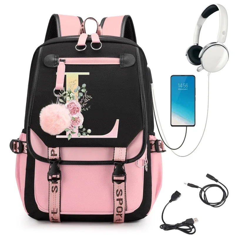 sac à dos rose graphique or imprimé lettre fleur a-z alphabet épaule sac adolescente mode fille sac à dos lycée sacs à dos