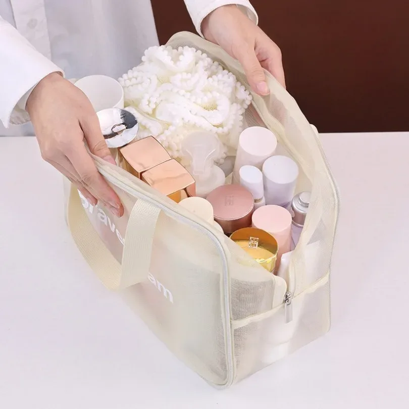ensemble de sacs de maquillage respirants en maille multi-tailles avec fermeture éclair, sac cosmétique de voyage portable, organisateur de rangement pour articles de toilette pour femmes.