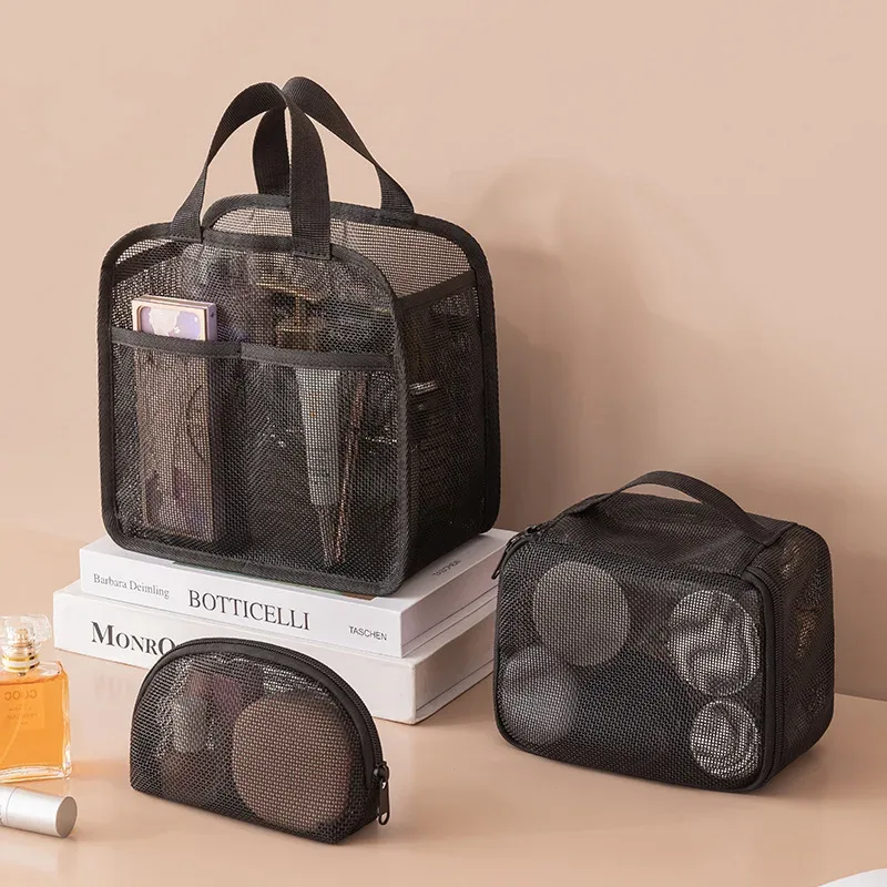 ensemble de trousses de maquillage en maille respirante 3 pièces, organiseur de toilette portable de voyage, rangement cosmétique étanche pour femmes et filles