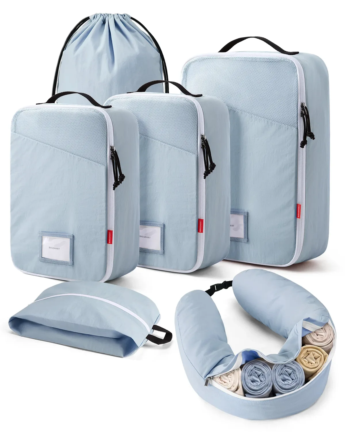 sac rangement voyage polyester bleu clair cube pliable poignée fermeture éclair washable compression square shape