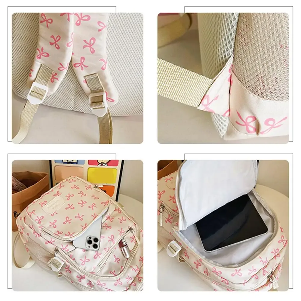 sac dos nylon nœuds roses blanc fonctionnel grande capacité accessoires étudiants femmes voyager quotidien