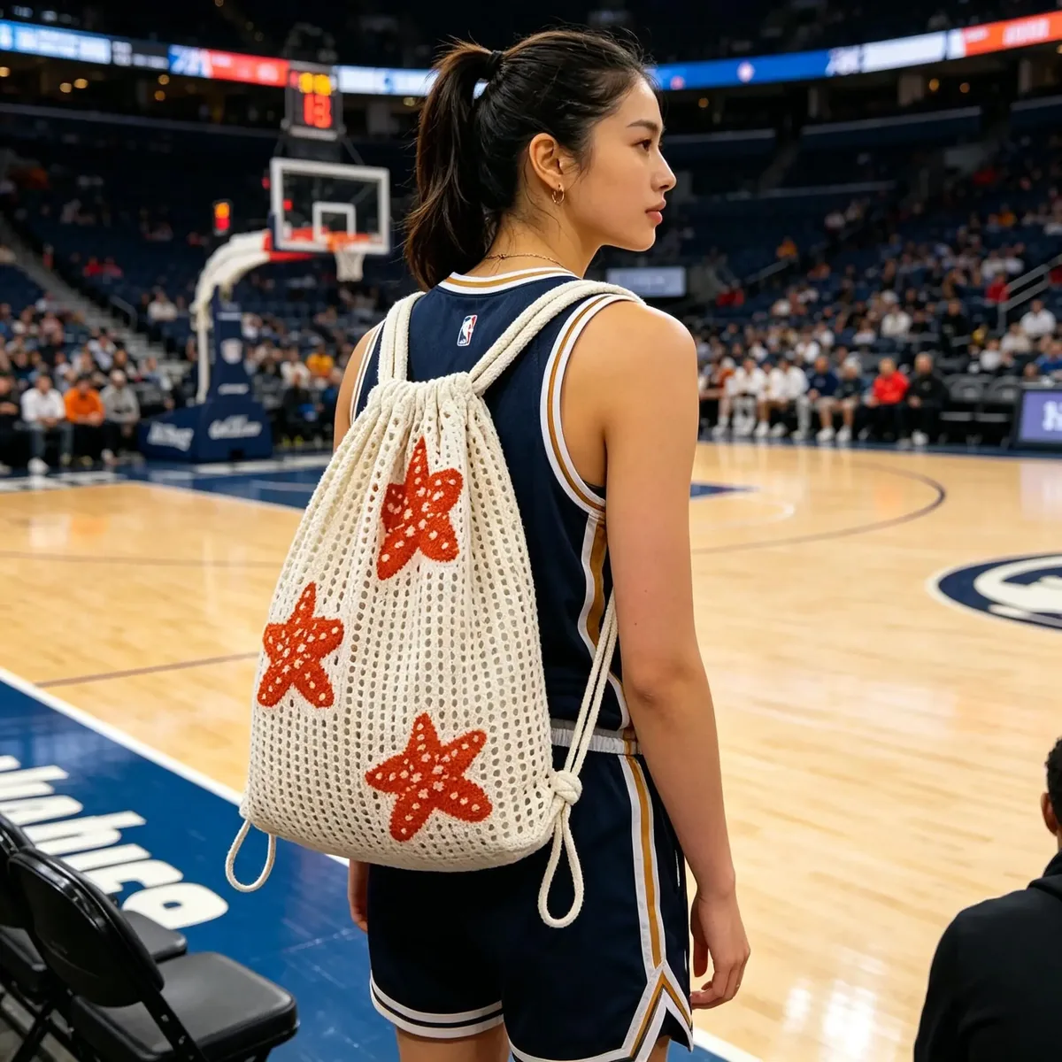 sac à dos tendance en maille brodée étoile de mer ajourée - grande capacité avec cordon de serrage, motif étoile de mer orange, peut contenir un ballon de basket, un ballon de football et des équipements de camping, en