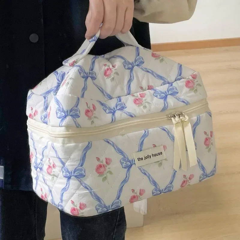 trousse de maquillage courtepointe pour femme, trousse de toilette portable pour filles, sac à main grill pour femme, trousse cosmétique à fermeture éclair, nœud mignon, fleur