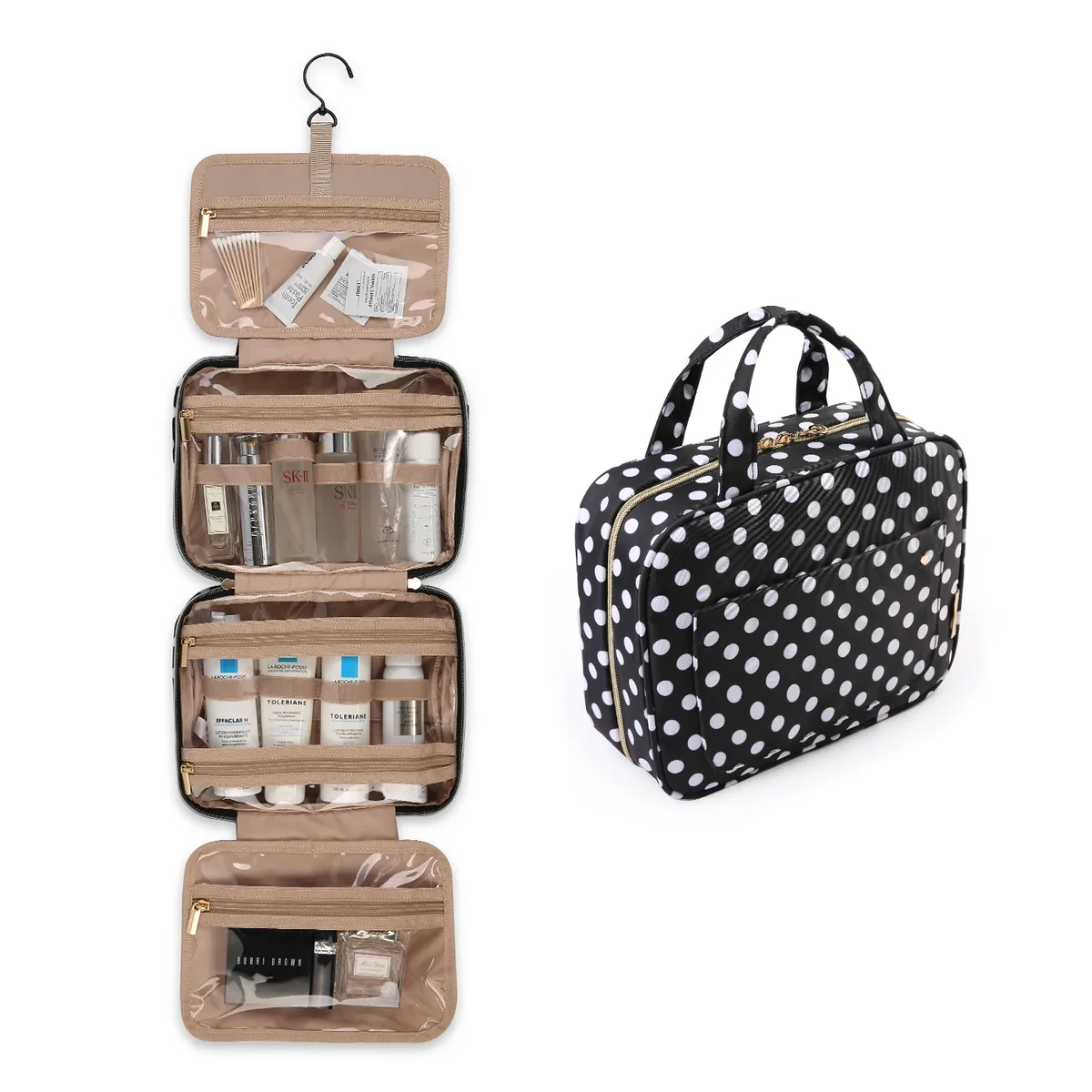 trousse toilette pvc compartiments transparents noire motif géométrique relief voyage cosmétiques maquillage rangement affaires week-end