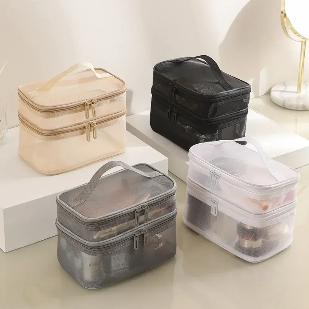 sac de rangement de cosmétiques de voyage à 2 couches, pochette de rangement transparente en maille pliante à fermeture éclair, sac de kit de lavage de maquillage de grande capacité 2025