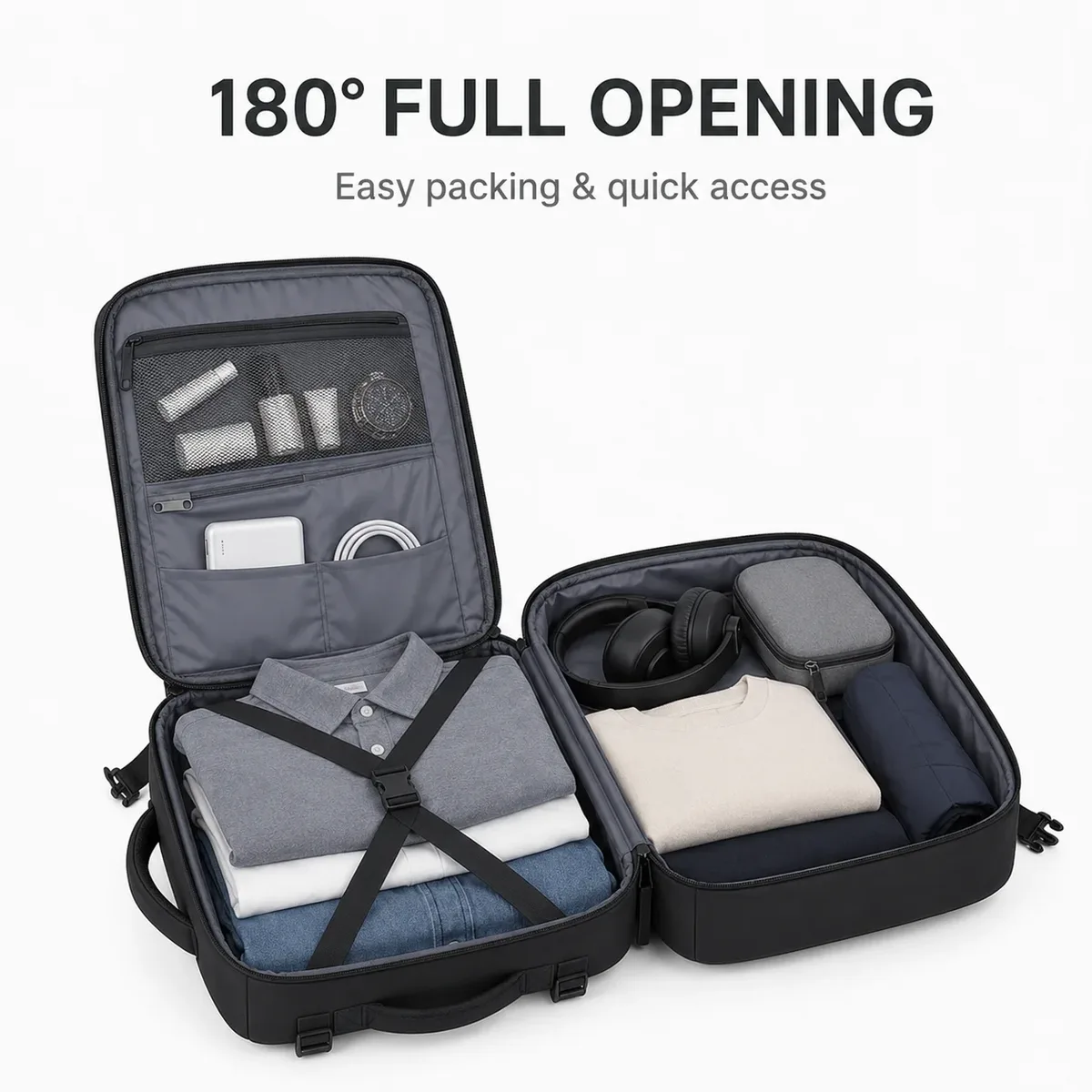 sac à dos de voyage grande capacité pour hommes et femmes, sac pour ordinateur portable 14 pouces, ouverture à 180 degrés, sac à dos cabine avec sangle pour bagage