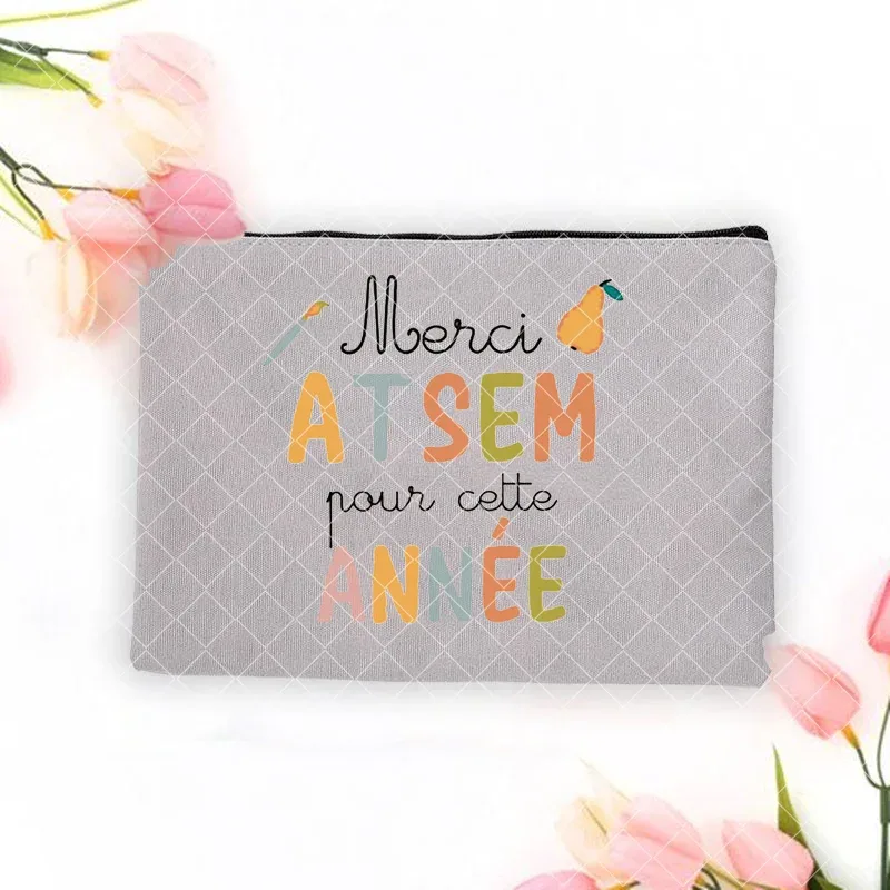 merci atsem – trousse de maquillage imprimée française, grande trousse à crayons, fournitures de papeterie scolaire, sac de rangement, pochette de lavage de voyage, cadeaux pour atsem