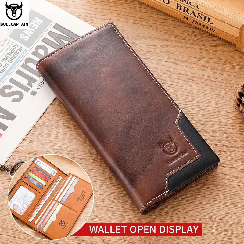 BULLCAPTAIN – sac à main Long en cuir véritable pour hommes, fonction RFID, porte-carte de crédit, porte-monnaie en cuir, portefeuille multifonctionnel