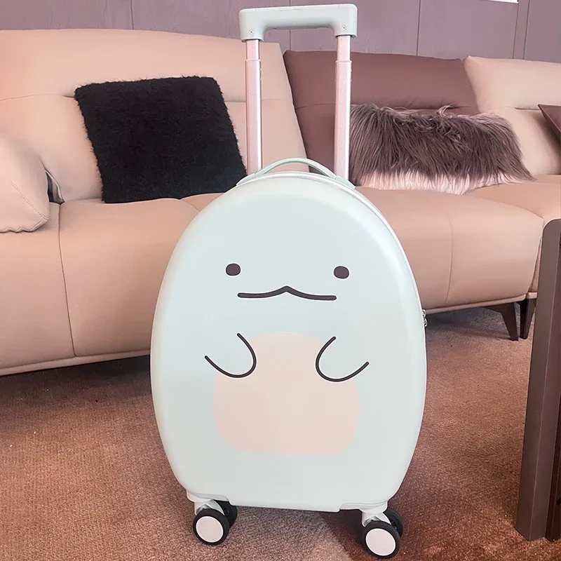 valise abs polymère dur motif mignon ovale yeux bouche joues roses poignée blanche roulettes noires bleu marron enfant voyage spinner cabine