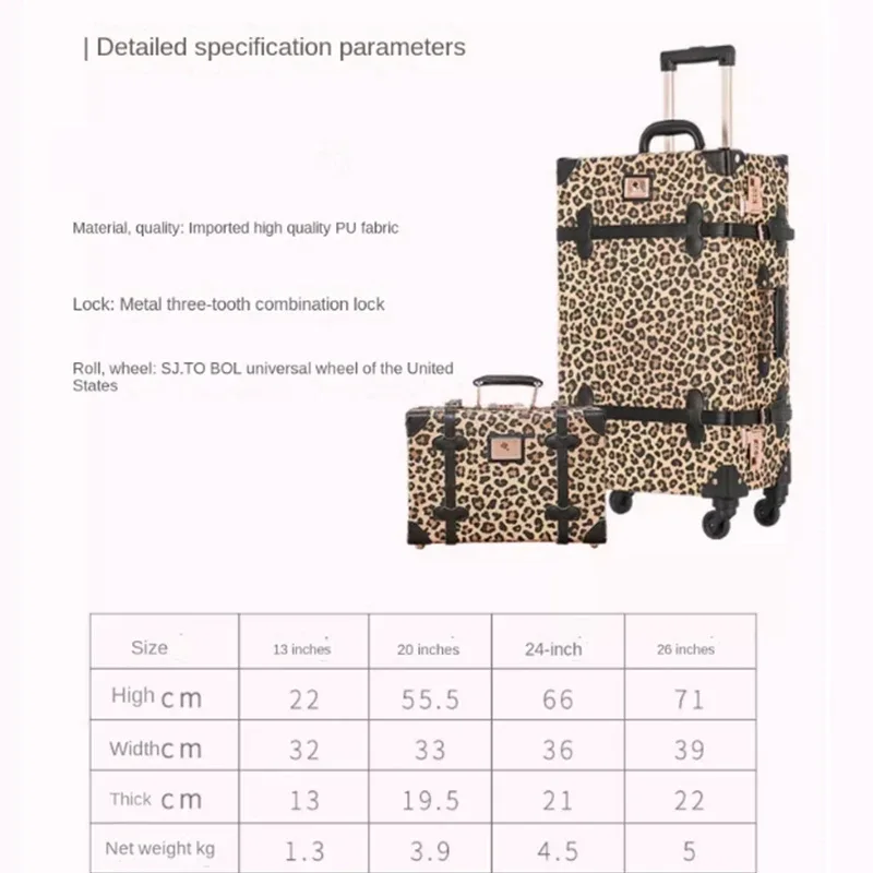 valise à roulettes en cuir imprimé léopard pour femmes, bagage rétro tendance, coffret d'embarquement de 20 pouces, valise étanche avec mot de passe