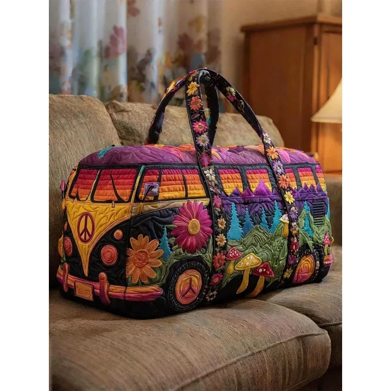 sac voyage polyester fleurs blancs symboles paix texturé poignées tissu sacoche hippie motifs colorés week end polyvalent
