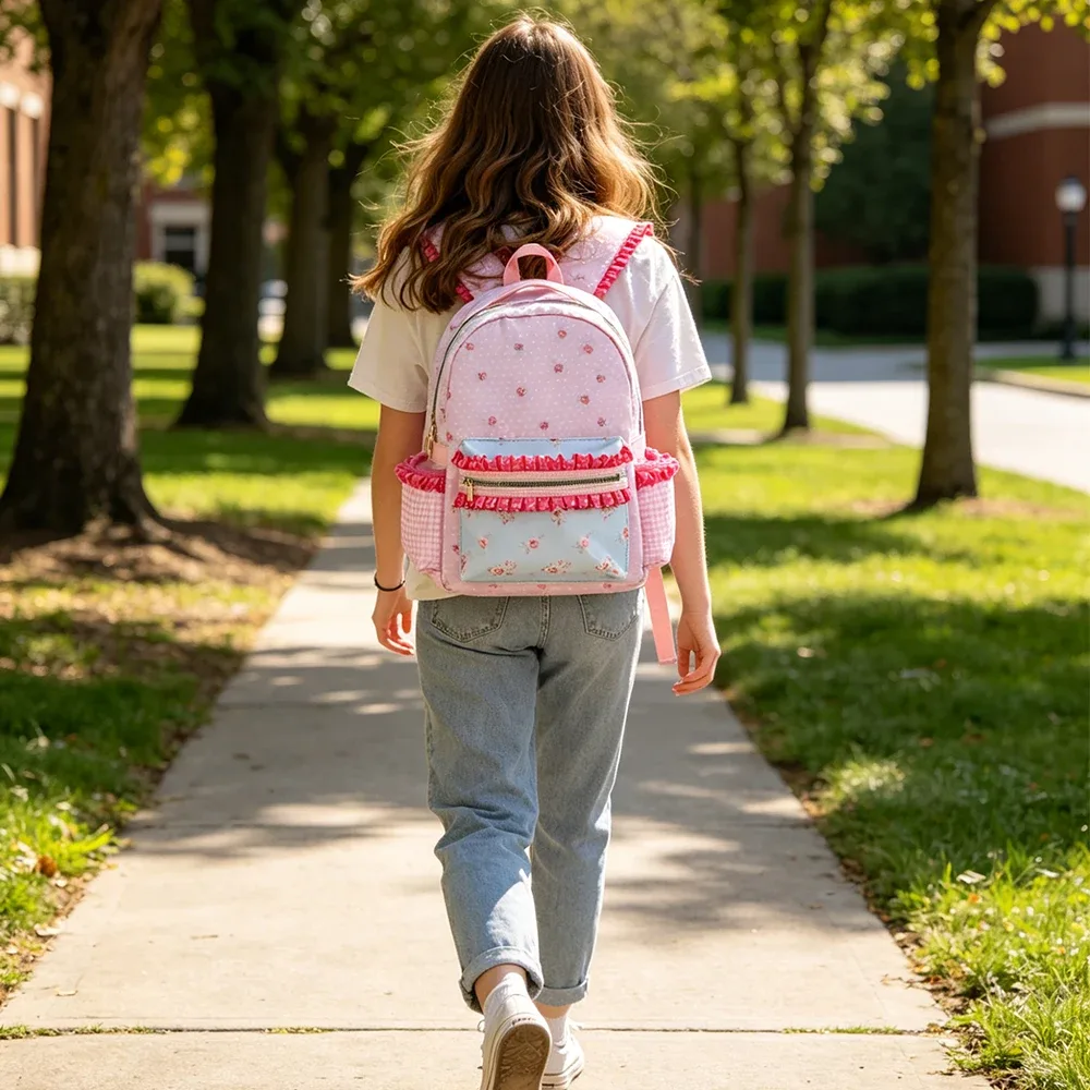 sac à dos pour filles à volants, toile florale, doublure à pois et à carreaux, grande capacité, rose, mignon, pour la rentrée scolaire.