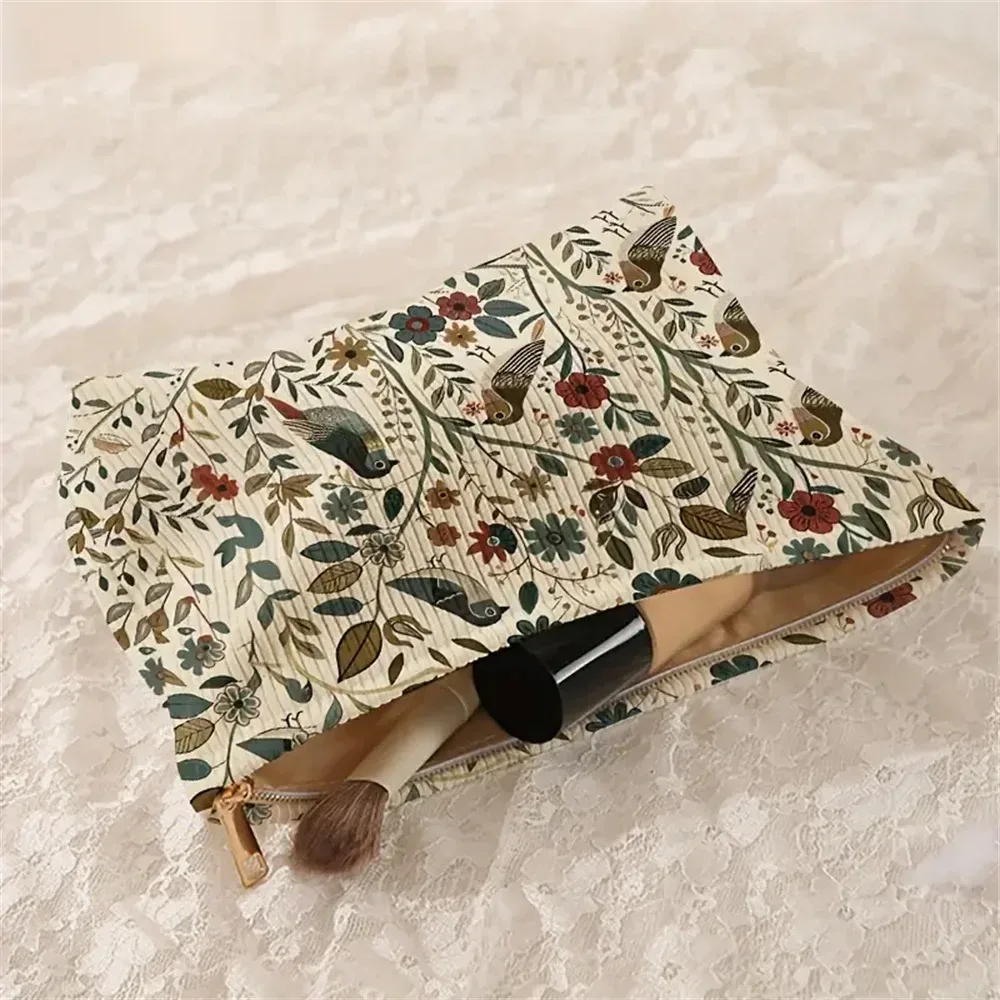 sacs à cosmétiques motif branche oiseau, trousse de maquillage pour femmes, sac de rangement de cosmétiques en velours côtelé, trousse de toilette portable pour les déplacements et les déplacements, 1 pièce