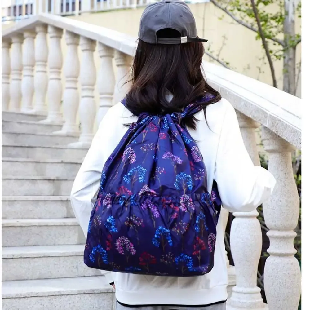 sac à dos multifonctionnel à imprimé floral avec cordon de serrage, en polyester imperméable, grande capacité, pliable, pour l'école, pour femmes