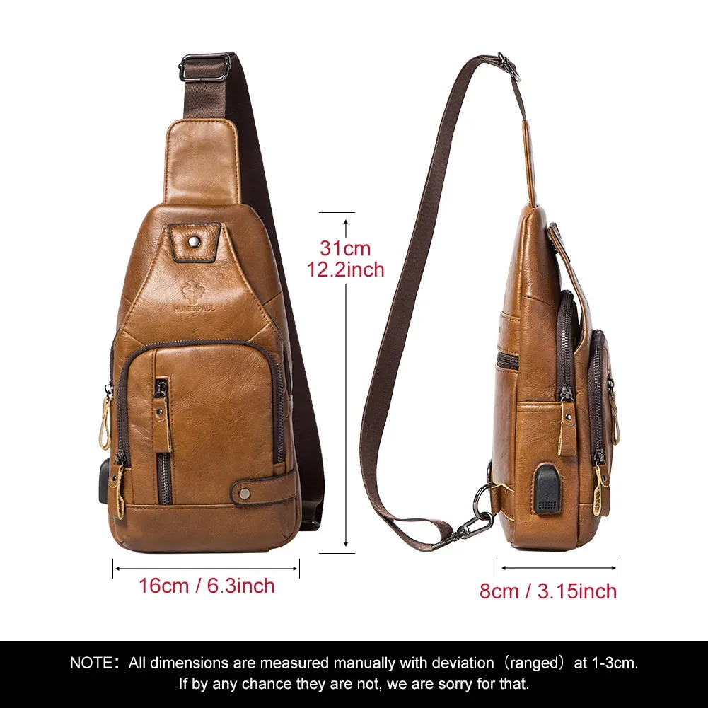 humerpaul-sac de poitrine usb pour homme, 100% cuir véritable, sacs à bandoulière initiés, sac de messager extérieur multifonction, mode