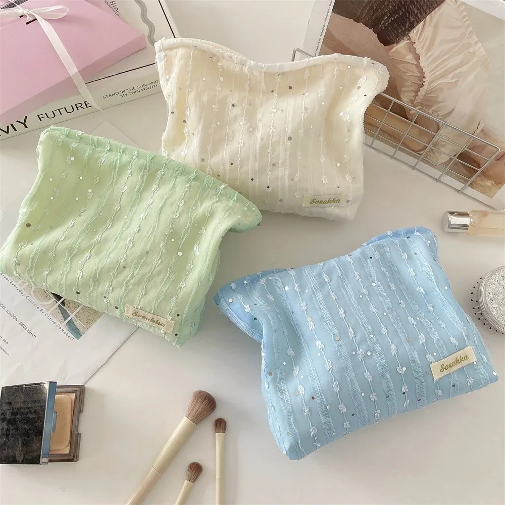 sac à cosmétiques à paillettes rayées en dentelle, trousse de toilette de voyage portable, organisateur de cosmétiques de lavage, sac de rangement de maquillage