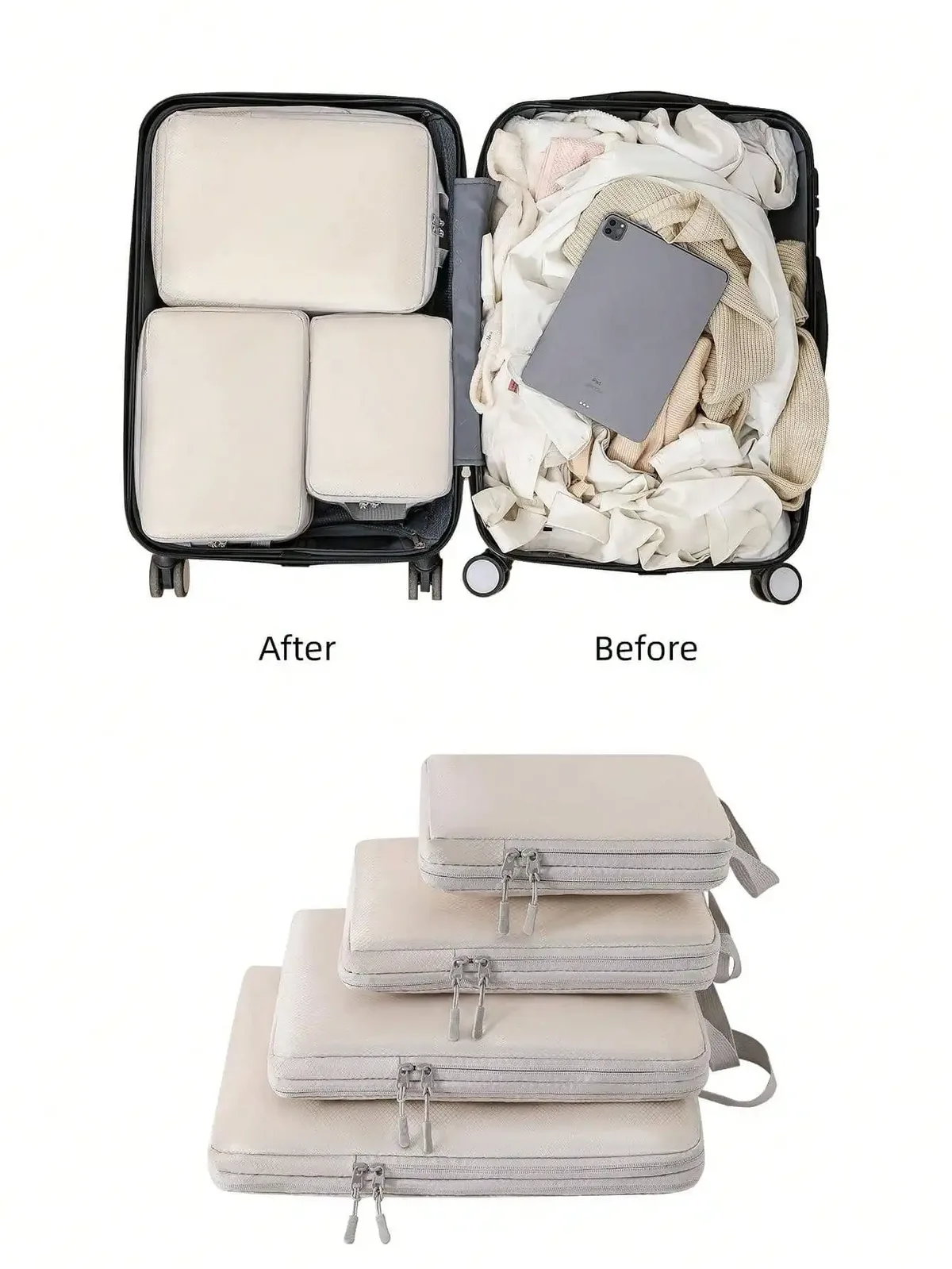 Organisateur Voyage Polyester Gris Clair Poignée Noire Fermeture Glissière Compressible Sac Chaussures Rangement Cube Traçabilité Usage Polyvalent