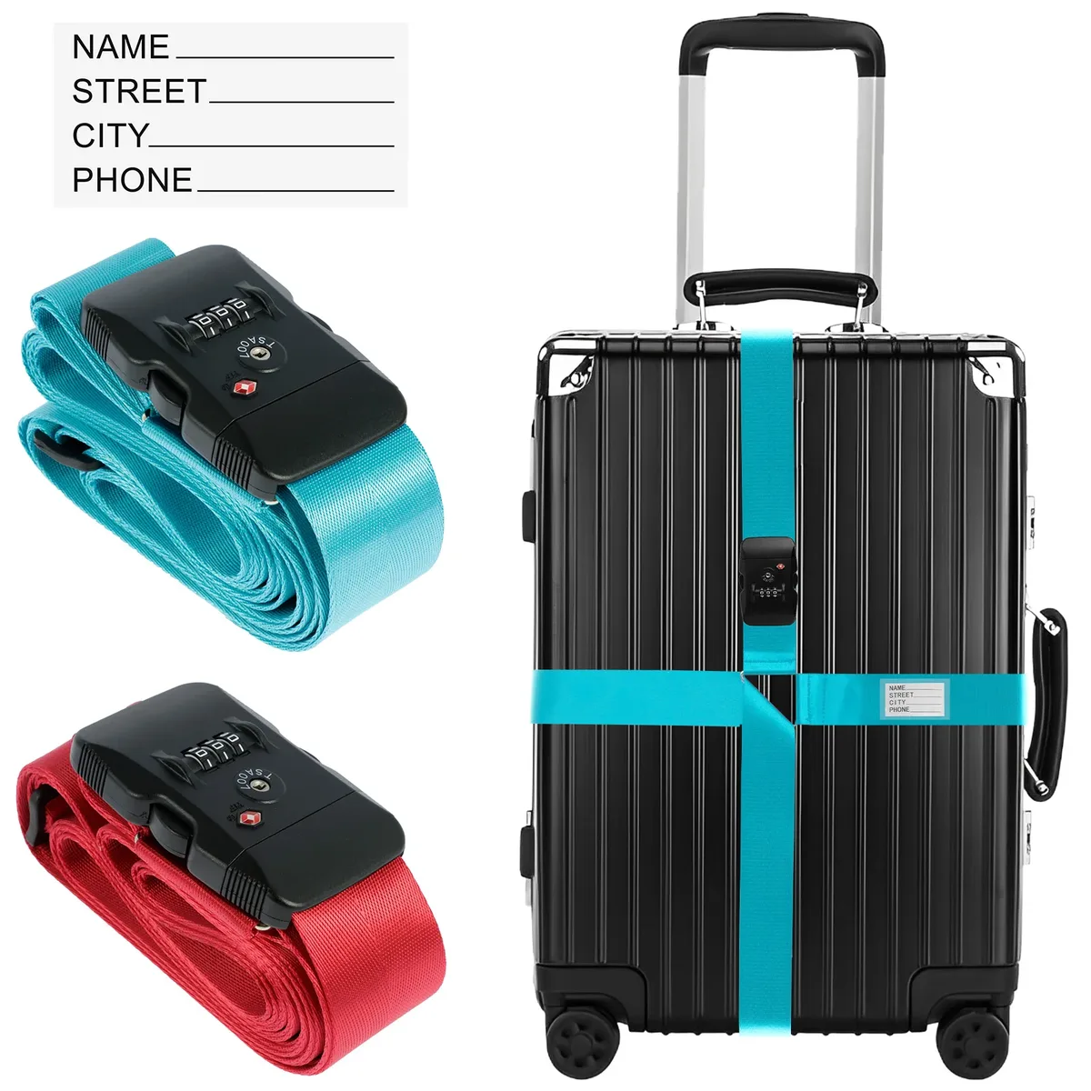 sangle de bagage croisée tsa, serrure douanière, ceinture de valise de voyage réglable avec étiquette d'identification, ceinture d'emballage de bagages anti-perte