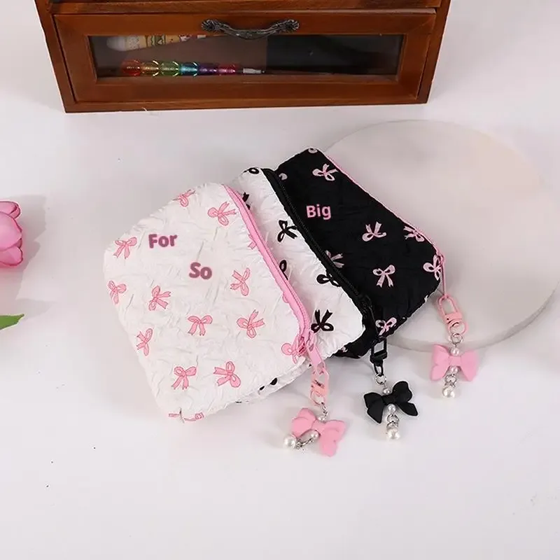 trousse de maquillage en tissu avec nœud mignon, pochette cosmétique pour femme, organiseur de voyage portable pour rouge à lèvres et écouteurs, petite pochette de rangement