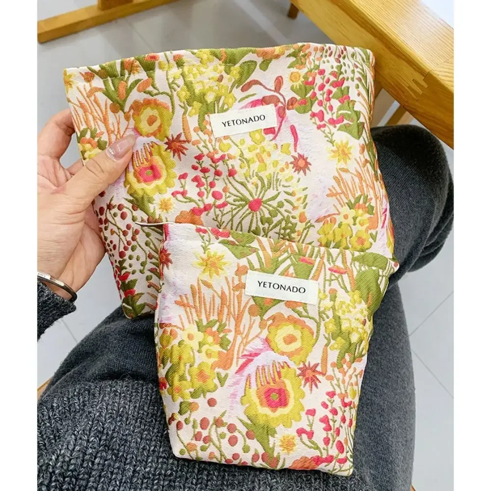 pochette en toile de polyester à motif floral, grande capacité, fermeture éclair, pochette de rangement cosmétique portable à motif floral