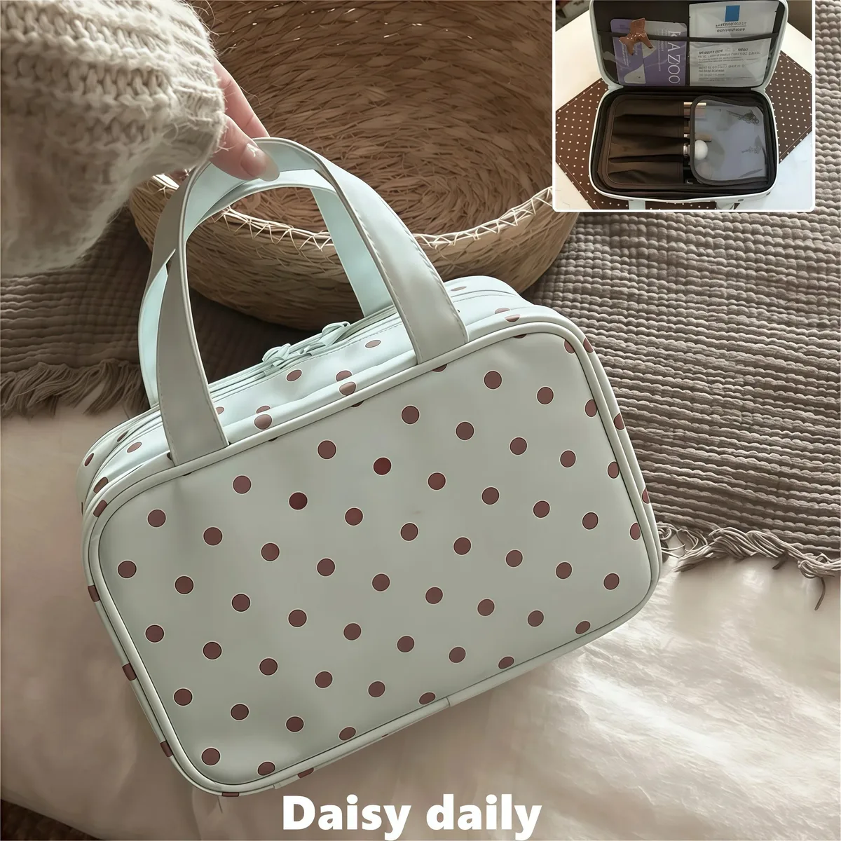 sac de toilette coréen style ins à pois, imperméable, grande capacité, portable, pour le rangement des produits de soin et de maquillage
