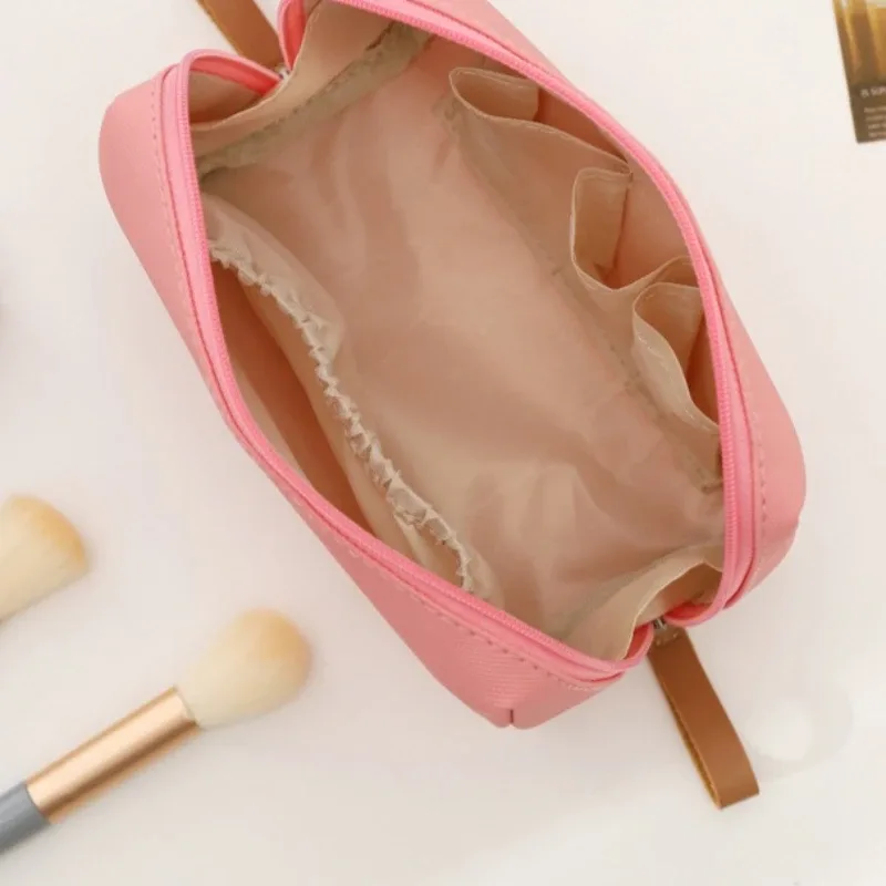 pochette de maquillage en cuir de couleur unie pour femme, pochette cosmétique à fermeture éclair pour fille, sac de rangement portable pour rouge à lèvres, trousse de toilette, organiseur